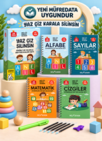 Oluklu Sihirli Yazı Defteri  Yaz Silinsin Seti  – Alfabe, Sayılar, Matematik, Çizgiler  ( 5 Kalem ve 1 Kalem Tutacağı Hediye)