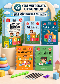 Oluklu Sihirli Yazı Defteri  Yaz Silinsin Seti  – Alfabe, Sayılar, Matematik, Çizgiler  ( 5 Kalem ve 1 Kalem Tutacağı Hediye)